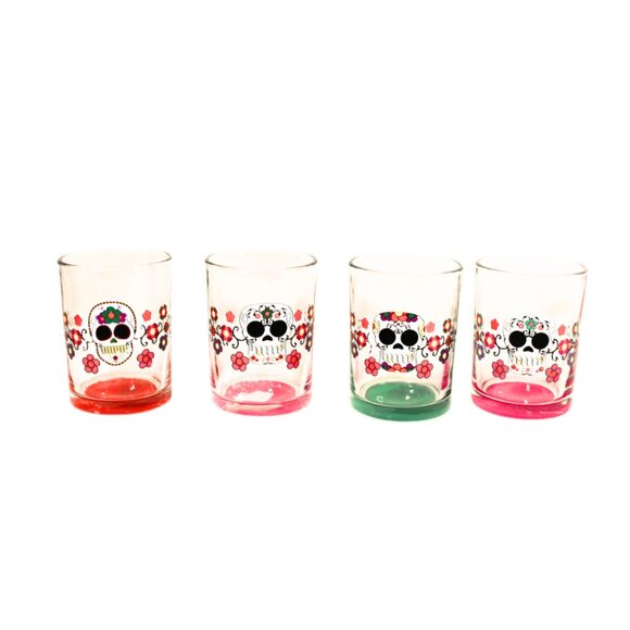 Set of 4 Vintage Glass Old Fashioned Tumblers Day of the Dead Sugar Skull - Picture 1 of 8